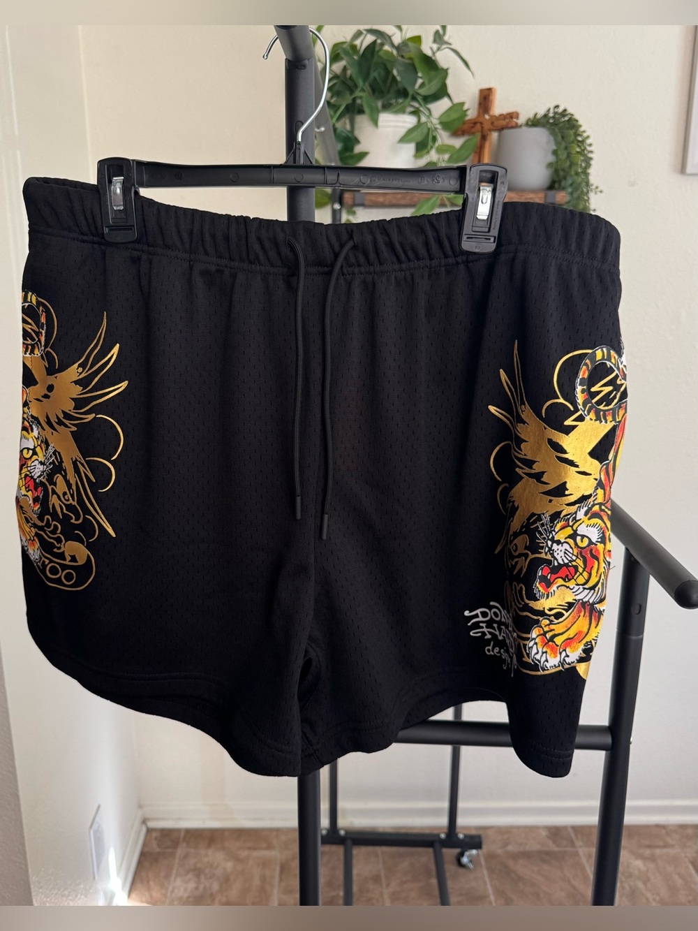 Ed Hardy Men’s XL Dragon Mesh Shorts NWT Black w/ Gold